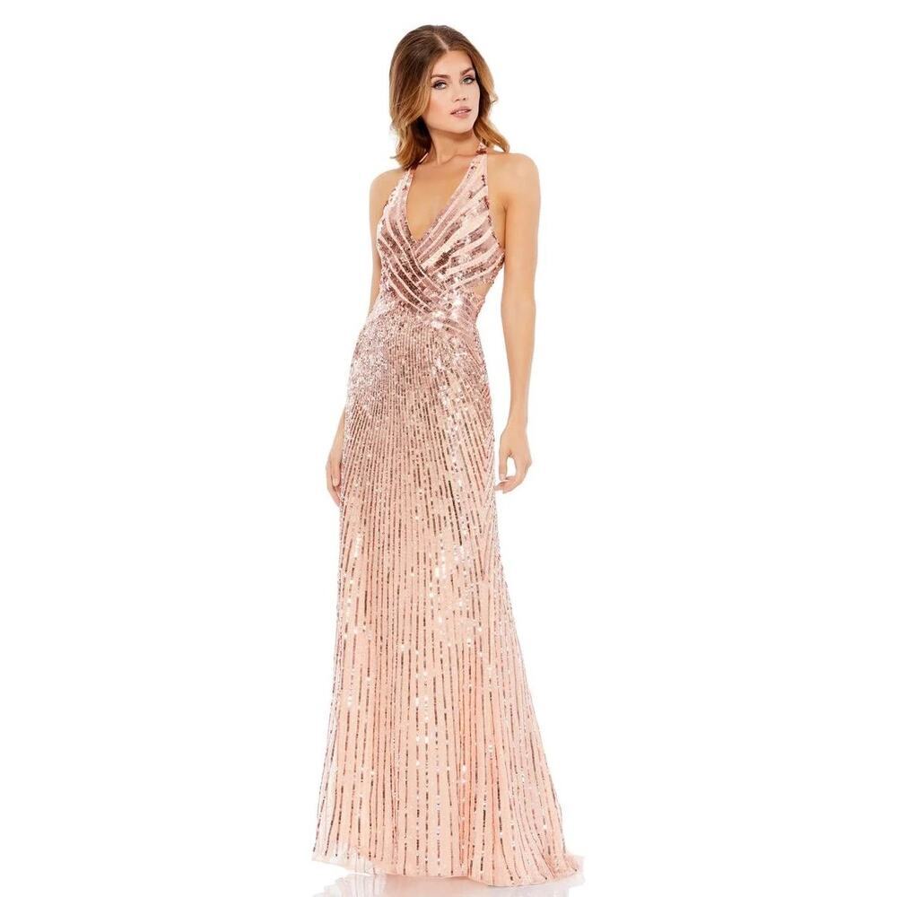 Mac Duggal Plus Size Beaded Halter Dress Lattice Back Black Tie Formal Wedding
